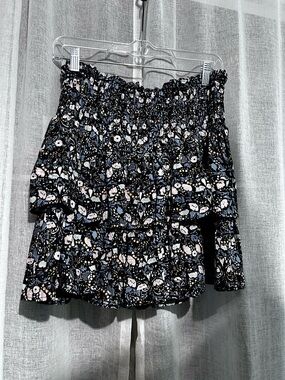 Wallflower Black Smocked Floral Tiered Mini Skirt with Blue Accents
